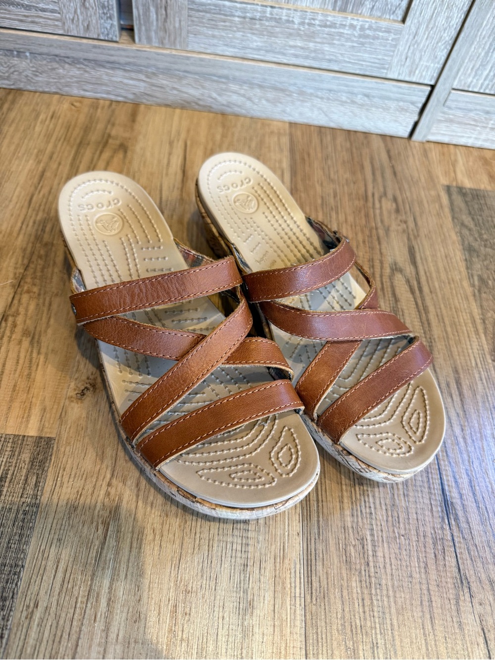 CROCS Women’s Brown Strappy Slide Cork Wedge Sandals Size 7